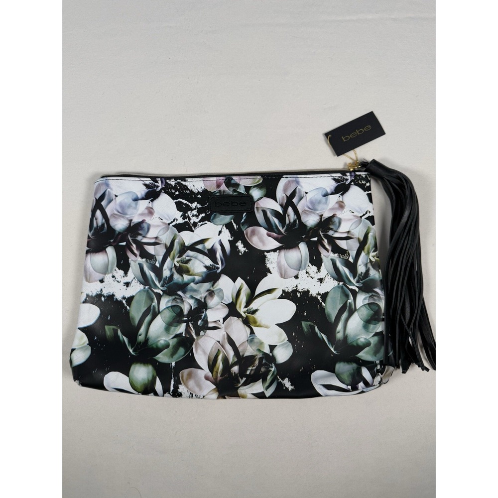 BEBE Magnolias Floral Clutch NWT Black Tassel Zipper Pull